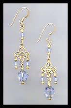Gold Filigree and Light Blue Crystal Earrings