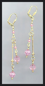 Gold Light Pink Crystal Drop Earrings
