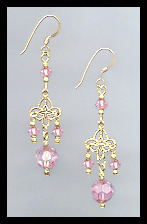 Gold Filigree and Light Pink Crystal Earrings