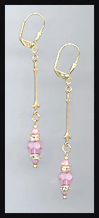 Gold Light Pink Crystal Rondelle Earrings