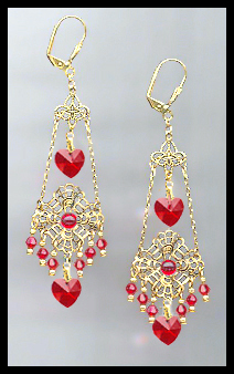 Swarovski Cherry Red Heart Filigree Earrings