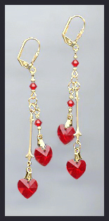 Gold Cherry Red Double Crystal Heart Earrings