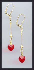 Gold Cherry Red Swarovski Crystal Heart Earrings