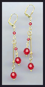 Gold Cherry Red Crystal Drop Earrings