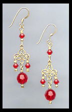 Gold Filigree and Cherry Red Crystal Earrings