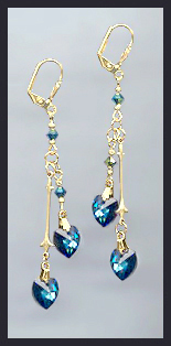 Gold Bermuda Blue Double Crystal Heart Earrings