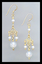 Gold Filigree and Opal White Crystal Earrings