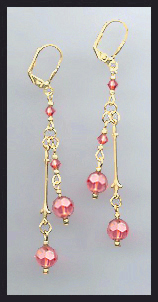 Gold Coral Peach Crystal Drop Earrings