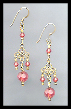 Gold Filigree and Coral Crystal Earrings