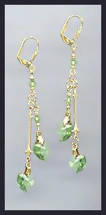 Gold Peridot Green Double Crystal Heart Earrings