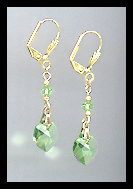 Gold Peridot Green Crystal Heart Earrings