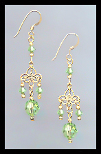 Gold Filigree and Peridot Green Crystal Earrings