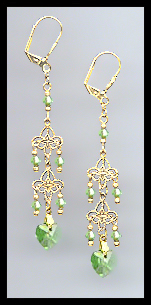 Peridot Green Crystal Heart Dangle Earrings