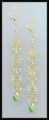 Peridot Green Crystal Heart Chandelier Earrings