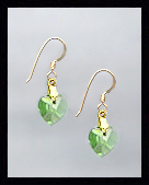 Tiny Gold Peridot Green Crystal Heart Earrings