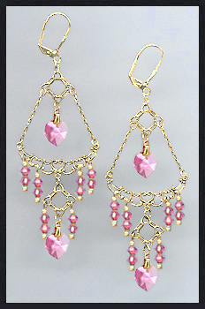 Rose Pink Heart Chandelier Earrings