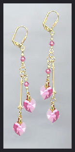Gold Rose Pink Double Crystal Heart Earrings