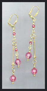 Gold Rose Pink Crystal Drop Earrings