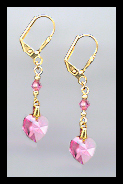 Gold Rose Pink Crystal Heart Earrings