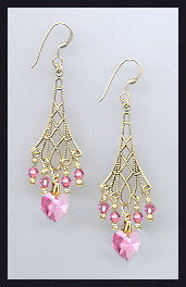Rose Pink Filigree Heart Earrings