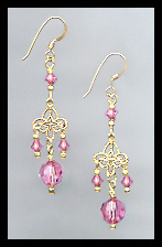 Gold Filigree and Rose Pink Crystal Earrings