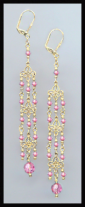 4" Rose Pink Crystal Chandelier Earrings Earrings