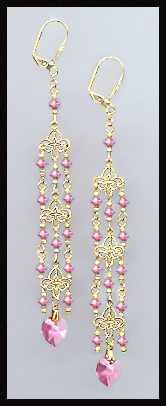 Rose Pink Crystal Heart Chandelier Earrings