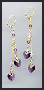Gold Amethyst Purple Double Crystal Heart Earrings
