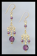 Gold Filigree and Amethyst Purple Crystal Earrings