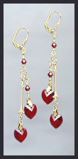 Gold Ruby Red Double Crystal Heart Earrings