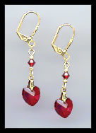 Gold Ruby Red Crystal Heart Earrings