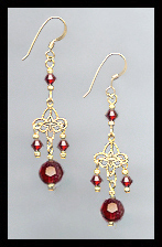 Gold Filigree and Ruby Red Crystal Earrings
