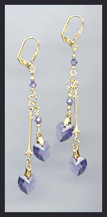 Gold Tanzanite Purple Double Crystal Heart Earrings