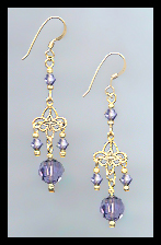 Gold Filigree and Tanzanite Purple Crystal Earrings