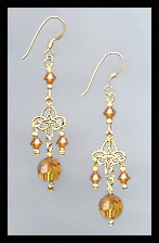 Gold Filigree and Amber Topaz Crystal Earrings