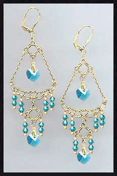 Teal Blue Heart Chandelier Earrings