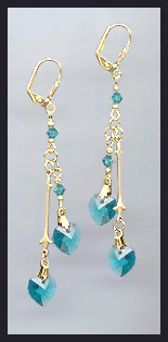 Gold Teal Blue Double Crystal Heart Earrings