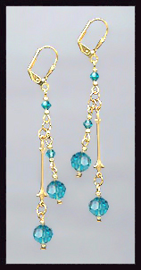 Gold Teal Blue Crystal Drop Earrings