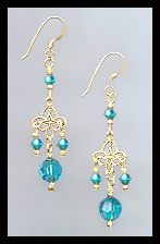 Gold Filigree and Blue Zircon Crystal Earrings