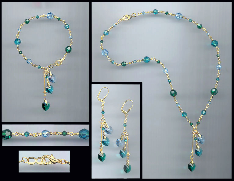 Swarovski Teal Blue Crystal Hearts Necklace Set