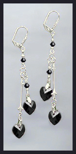 Silver Jet Black Double Crystal Heart Earrings