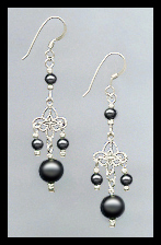 Silver Filigree and Black Faux Pearl Earrings