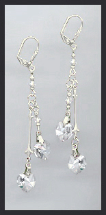 Silver Aquamarine Double Crystal Heart Earrings