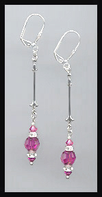 Silver Fuchsia Pink Crystal Rondelle Earrings
