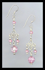 Silver Filigree and Light Pink Crystal Earrings
