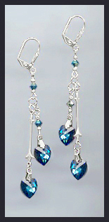 Silver Bermuda Blue Double Crystal Heart Earrings