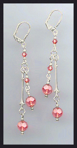 Silver Coral Peach Crystal Drop Earrings