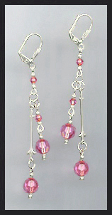Silver Rose Pink Crystal Drop Earrings