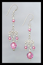 Silver Filigree and Rose Pink Crystal Earrings