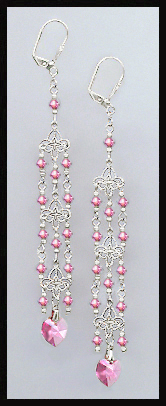 4" Rose Pink Crystal Heart Earrings Earrings